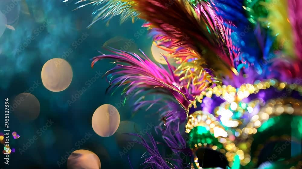 Mardi Gras carnival mask with green, purple and gold colors. Mardi Gras carnival background with decorative mask. Mardi Gras carnival mask with colorful feathers on dark background. Copy space area. 