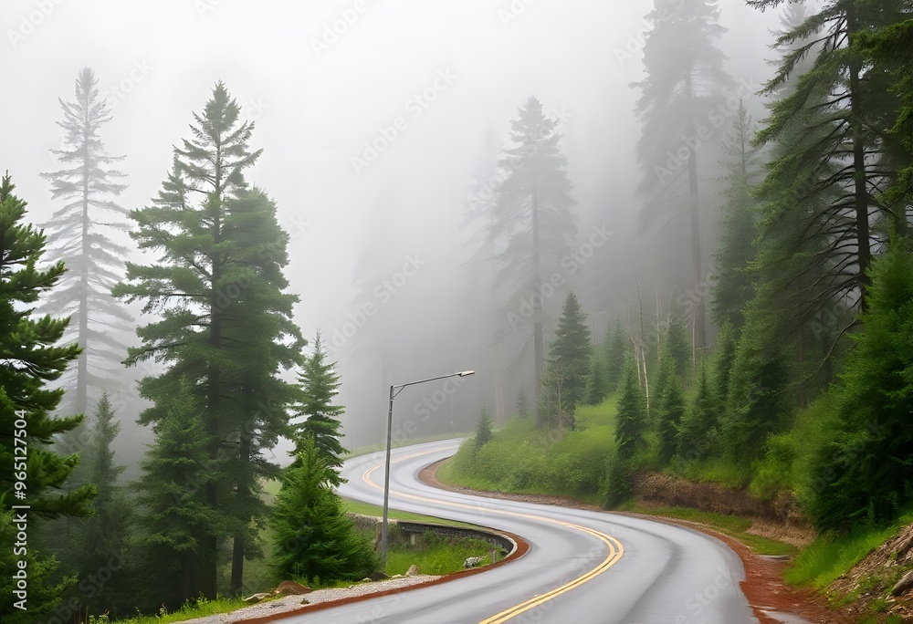 winding road through a misty forest, with tall pine trees on either side winding road through a misty forest, with tall pine trees on either side