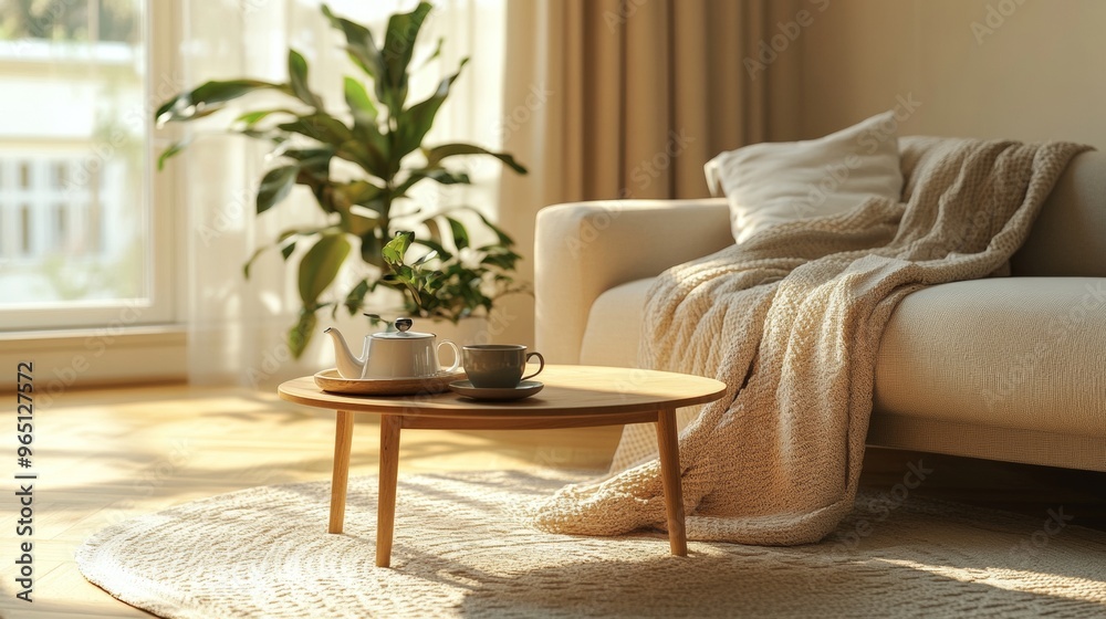 Cozy Scandinavian Living Room with Round Coffee Table and Beige Accents Cozy Scandinavian Living Room with Round Coffee Table and Beige Accents