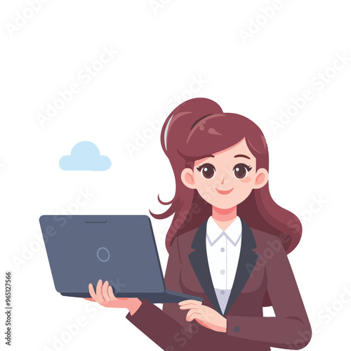 business woman with laptop in flat illustration