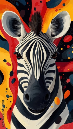 Cartoon art style, a zebra with exaggerated features and playful, bold stripes, set against a bright and whimsical backdrop. photo