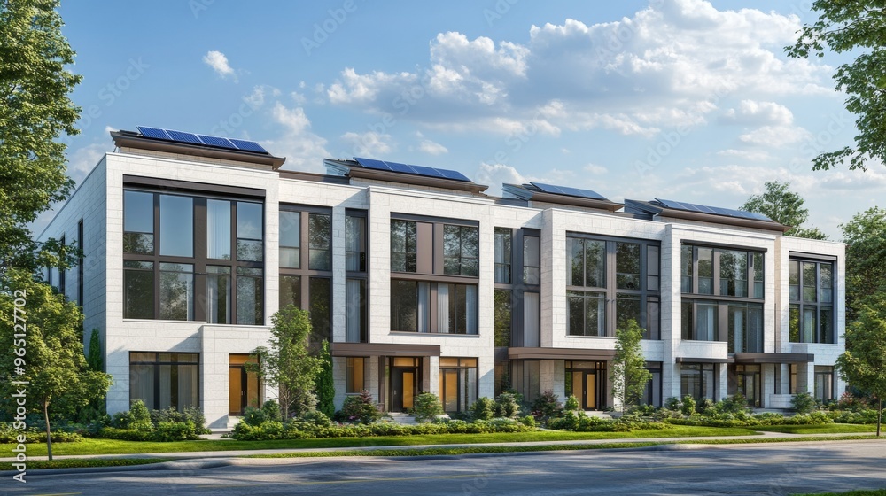 Modern White Stone Townhouses with Solar Panels and Large Windows Modern White Stone Townhouses with Solar Panels and Large Windows