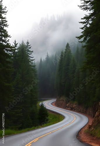 winding road through a misty forest, with tall pine trees on either side