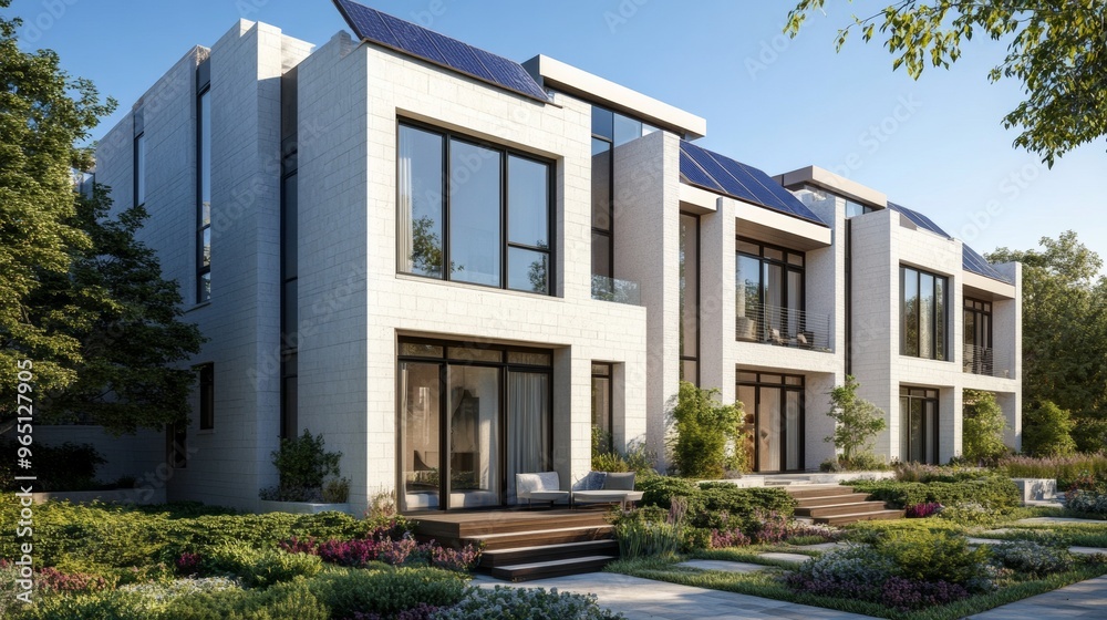 Modern White Stone Townhouses with Solar Panels and Large Windows Modern White Stone Townhouses with Solar Panels and Large Windows