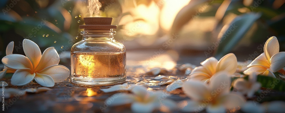 Essential oils with plumeria serenity ambiance, luxurious spa setting, soothing lighting, calming mist, serene wellness environment, ultra-detailed, high-resolution, photorealistic, cinematic Essential oils with plumeria serenity ambiance, luxurious spa setting, soothing lighting, calming mist, serene wellness environment, ultra-detailed, high-resolution, photorealistic, cinematic