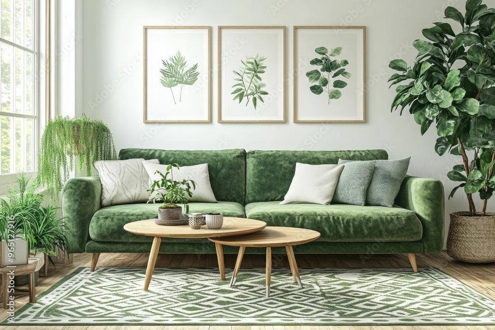 Fototapeta premium Cozy green living room with plants and artwork.
