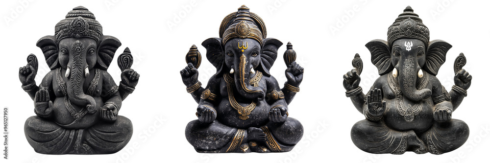 Fototapeta premium Set of Lord Ganesh idol made of black stone, Isolated on white or transparent background