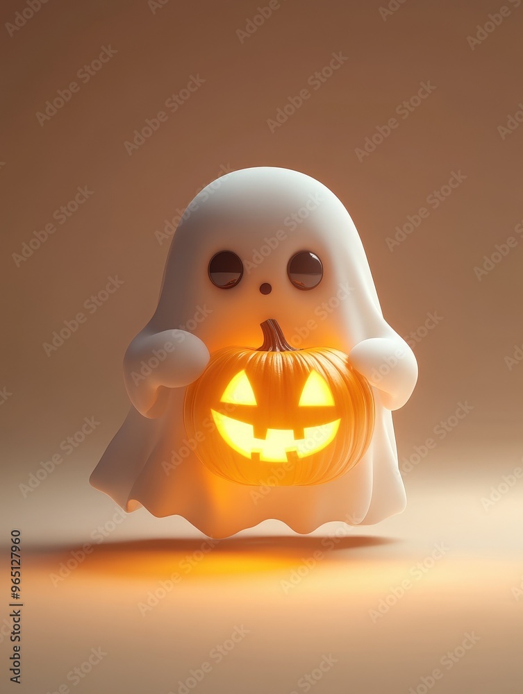 3D ghost carrying a glowing trick-or-treat pumpkin, floating on an isolated light-colored background with minimal details 3D ghost carrying a glowing trick-or-treat pumpkin, floating on an isolated light-colored background with minimal details