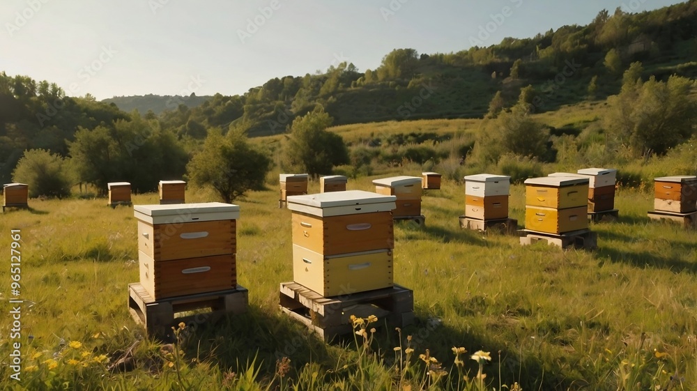 row of cultivated beehives, bee farmers for honey production. generative ai row of cultivated beehives, bee farmers for honey production. generative ai