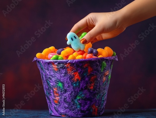 A hand in a spooky costume grabbing a handful of ghost-decorated candies from a full trick-or-treat bucket.