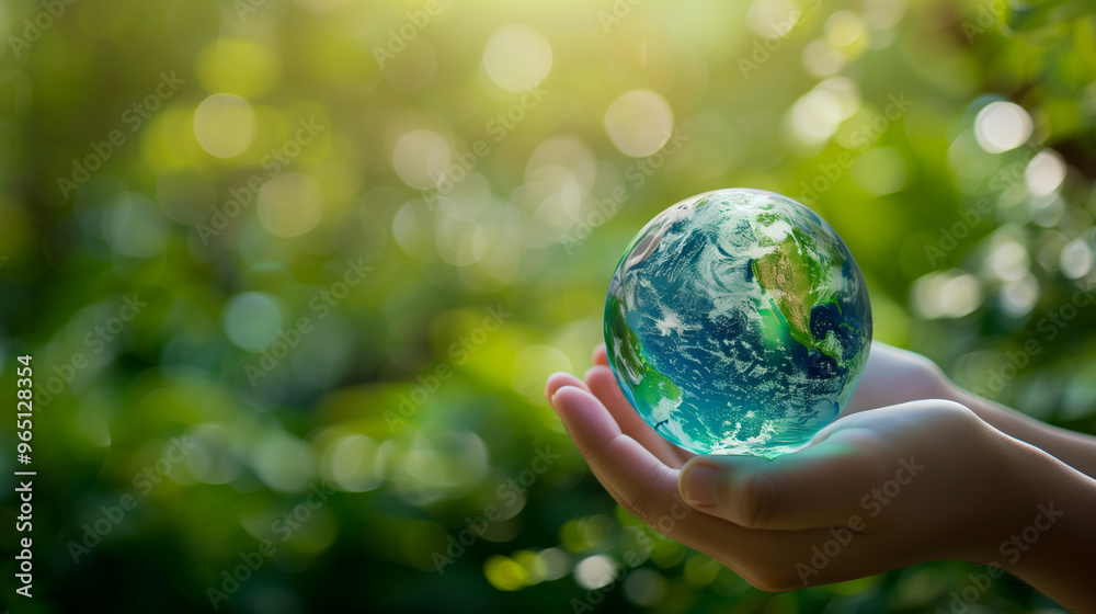 Hands nurturing a small plant with Earth globe, symbolizing environmental sustainability Hands nurturing a small plant with Earth globe, symbolizing environmental sustainability