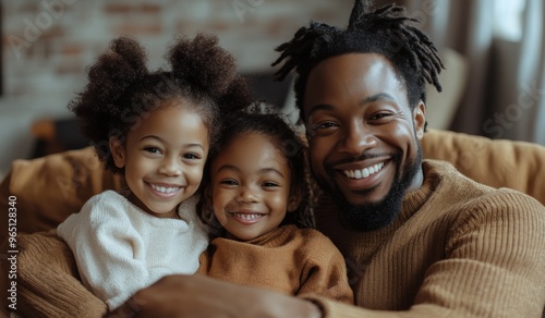 A happy black colored family with two children sitting on the sofa at home, laughing and playing together in the living room. High-quality, realistic photograph. 