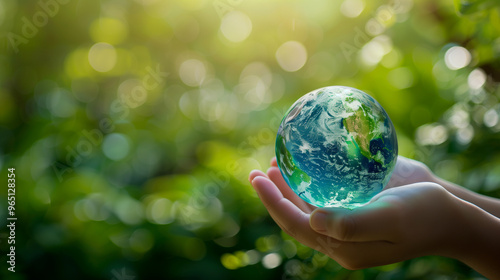 Hands nurturing a small plant with Earth globe, symbolizing environmental sustainability