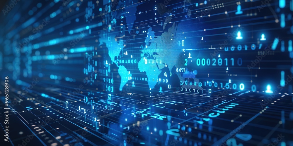 digital world map on blue background with binary code global network connection digital world map on blue background with binary code global network connection