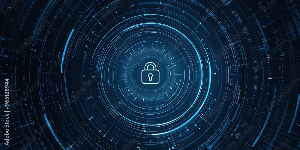 Obraz premium digital padlock icon in the center of concentric circles with a cyber technology