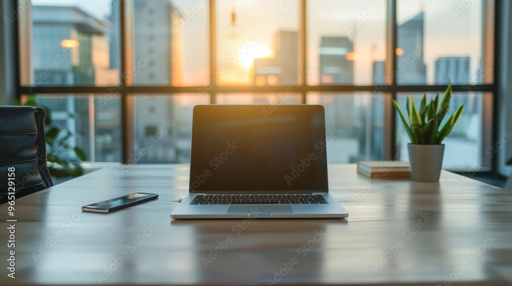 Modern Office Workspace with Laptop and Smartphone at Sunrise - Sleek Business Environment in a City Skyline