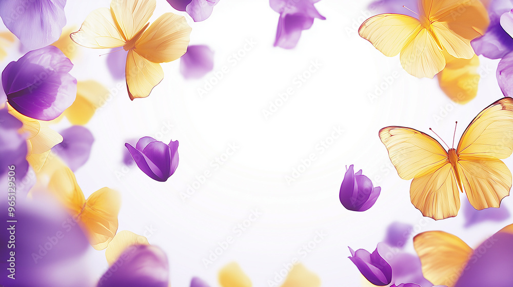 Fototapeta premium Delicate butterflies flutter amidst a circle of vibrant flowers, showcasing a blend of purple and yellow hues in a serene, light-filled environment, copy space