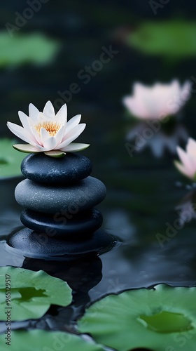White Water Lily Resting on a Stack of Smooth Black Stones in a Pond