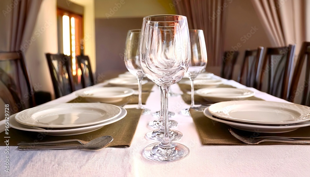 A beautifully arranged table setting featuring a variety of wine and champagne glasses. Glassware. Dining. 3 A beautifully arranged table setting featuring a variety of wine and champagne glasses. Glassware. Dining. 3
