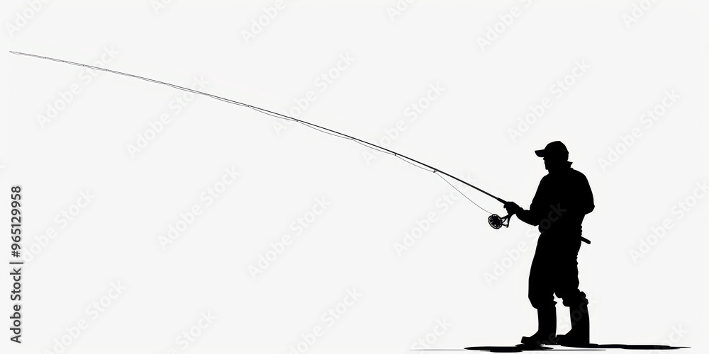 Obraz premium Silhouette of a fisherman reeling in a fish against a white background during a quiet, serene fishing moment