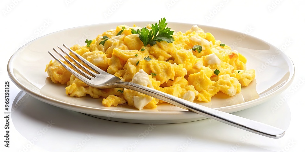 A delicate plate on a crisp white background holds pan-fried scrambled eggs, a slender fork at the ready