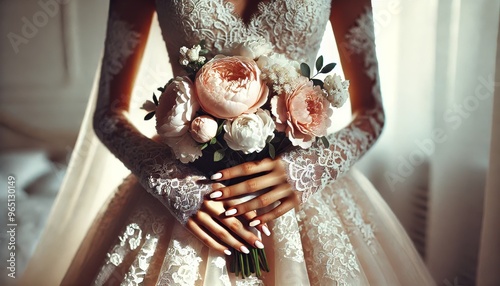 A detailed close-up of a bride’s hands gently holding a bouquet of soft pink and white flowers, similar to peonies and roses. photo