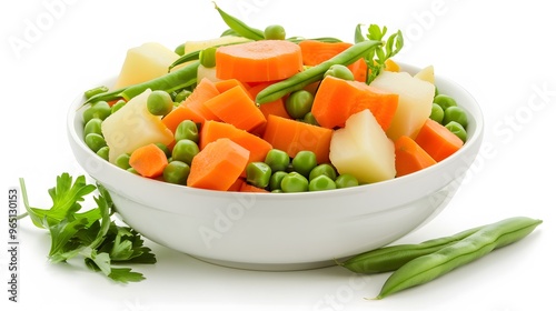 Bowl of fresh vegetables, including carrots, peas, green beans, and potatoes, isolated on a white background.