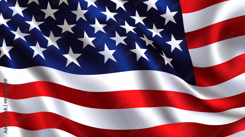 Fototapeta premium Colorful illustration of waving American flag with stars and stripes on a clear day