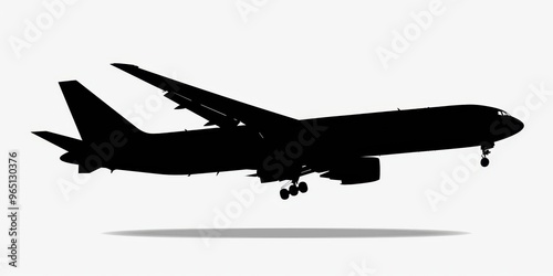 Dark silhouette of a jet airplane in flight against a clear white background showcasing its streamlined design and aerodynamics