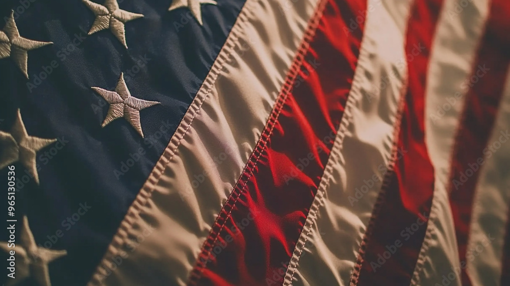 The texture and colors of the American flag displayed in vibrant detail against a soft background The texture and colors of the American flag displayed in vibrant detail against a soft background