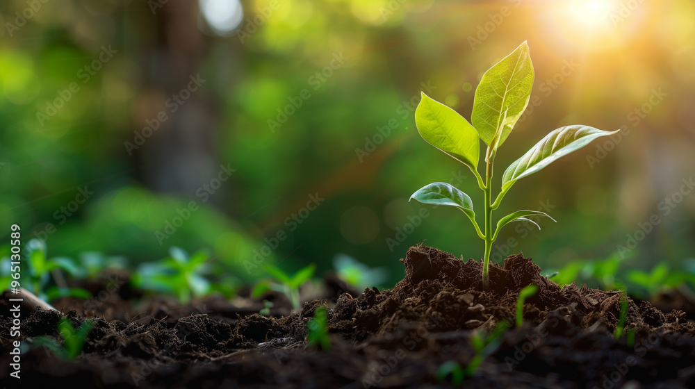 Young plant growing in rich soil against sunlit green natural background Young plant growing in rich soil against sunlit green natural background