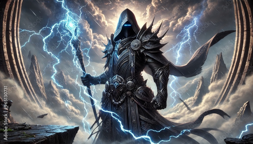 A powerful, hooded character in dark, intricate armor standing on a cliff, surrounded by a fierce lightning storm. A powerful, hooded character in dark, intricate armor standing on a cliff, surrounded by a fierce lightning storm.