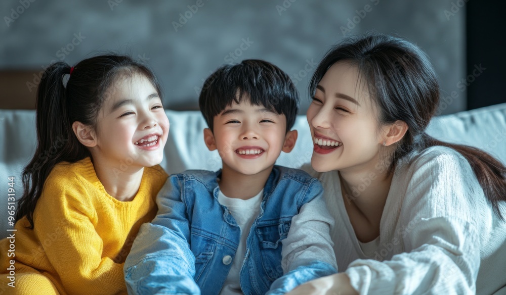 A happy Chinese family with two children sitting on the sofa at home, laughing and playing together in the living room. High-quality, realistic photograph.
