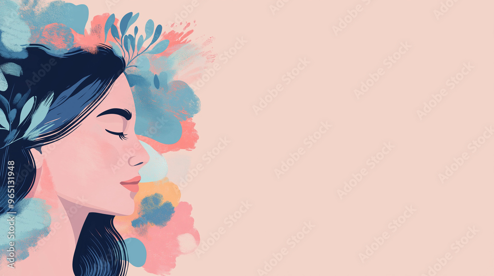 A serene woman is depicted alongside colorful flowers, emphasizing themes of health, mindfulness, and personal well-being in an artistic manner, copy space A serene woman is depicted alongside colorful flowers, emphasizing themes of health, mindfulness, and personal well-being in an artistic manner, copy space