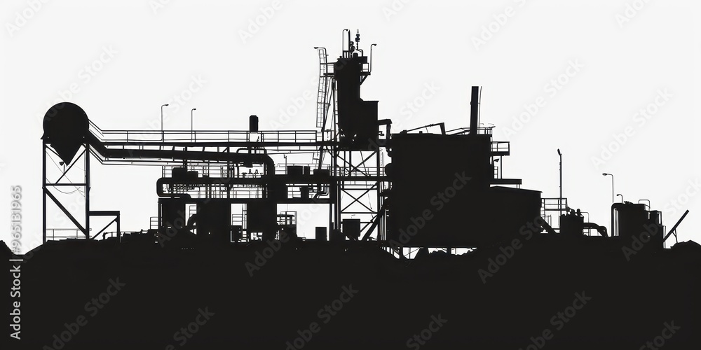 Dark silhouette of a recycling plant set against a stark white background illustrating industrial sustainability efforts Dark silhouette of a recycling plant set against a stark white background illustrating industrial sustainability efforts