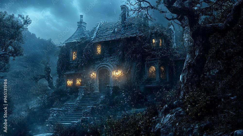 Obraz premium haunted house on a hill, with eerie lights flickering from the windows and thick vines creeping up the walls