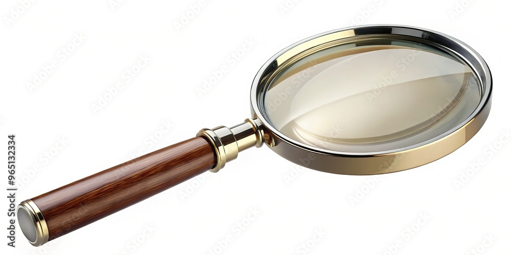 Against a pure white backdrop, a magnifying glass with a domed lens and curved grip takes center stage,