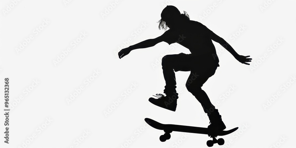 Silhouette of a skateboarder performing a trick against a plain white background during a casual day outdoors Silhouette of a skateboarder performing a trick against a plain white background during a casual day outdoors