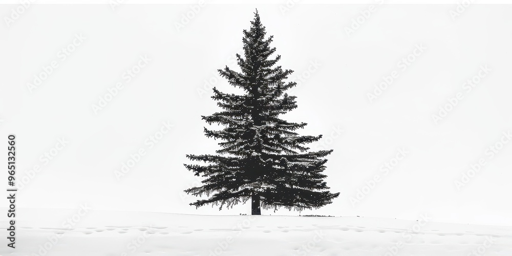 Fototapeta premium Elegant dark silhouette of a snow-covered pine tree on a stark white background creating a serene winter atmosphere