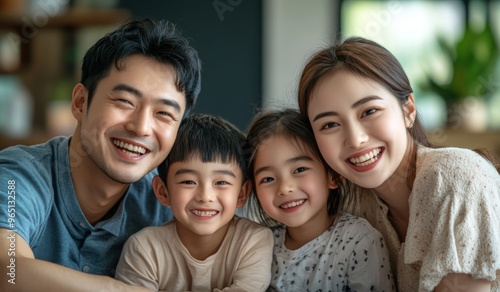 A happy Chinese family with two children sitting on the sofa at home, laughing and playing together in the living room. High-quality, realistic photograph.