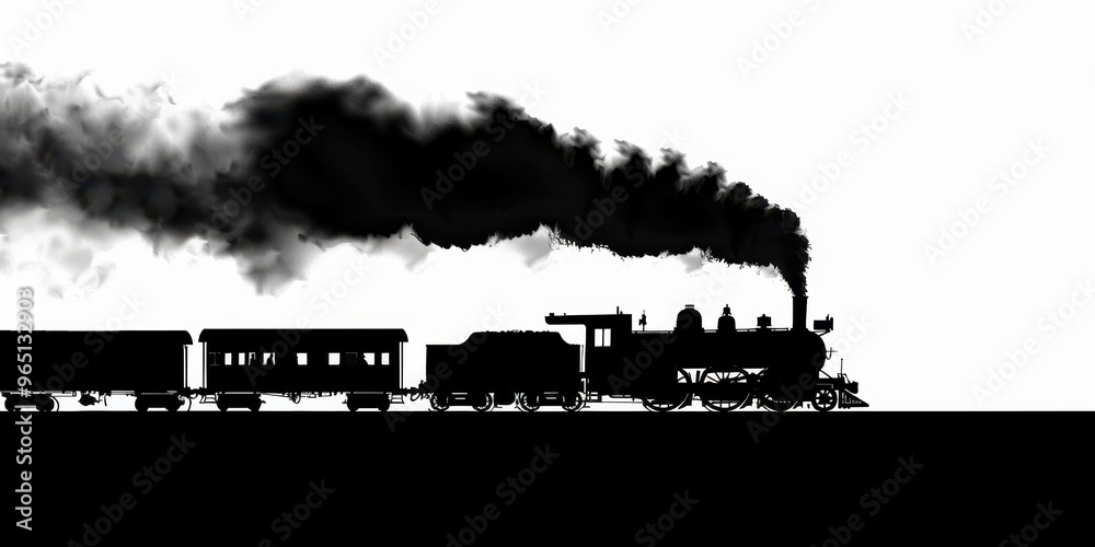 Obraz premium Dark silhouette of a vintage steam train moving along a minimalist white backdrop, capturing the essence of travel and nostalgia