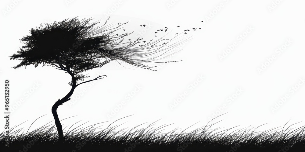 Fototapeta premium A solitary tree sways gently in the wind with birds flying overhead against a stark white background