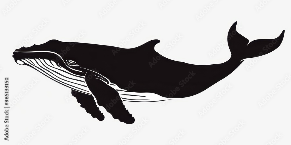 A dark silhouette of a whale breaching against a pristine white background during a calm ocean day A dark silhouette of a whale breaching against a pristine white background during a calm ocean day