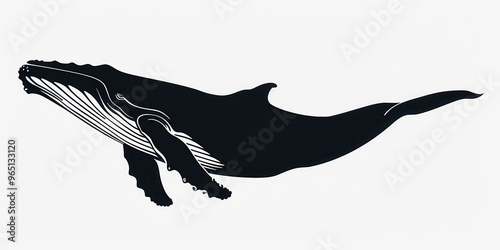 Dark silhouette of a whale breaching against a clean white background showcasing marine life in motion photo