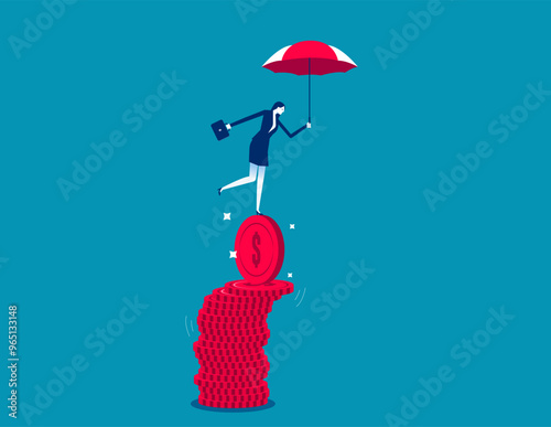 Financial stability, risk or trust, economic challenge, balance or reliability, money management, Businessman hold umbrella balance on unstable coins stack, Security or wealth accumulation concept
