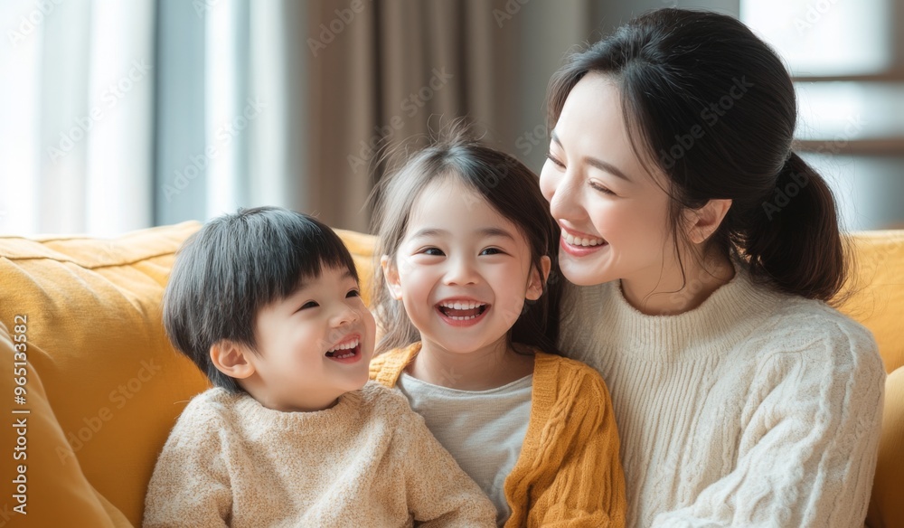 A happy Chinese family with two children sitting on the sofa at home, laughing and playing together in the living room. High-quality, realistic photograph. A happy Chinese family with two children sitting on the sofa at home, laughing and playing together in the living room. High-quality, realistic photograph.