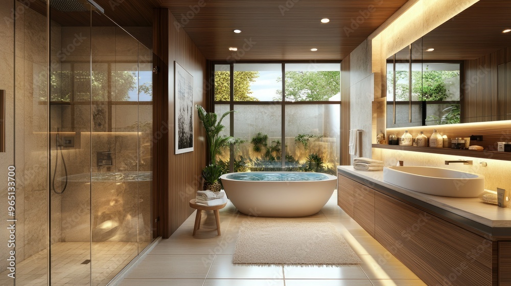 Bathroom with spa-like features and luxurious amenities Bathroom with spa-like features and luxurious amenities