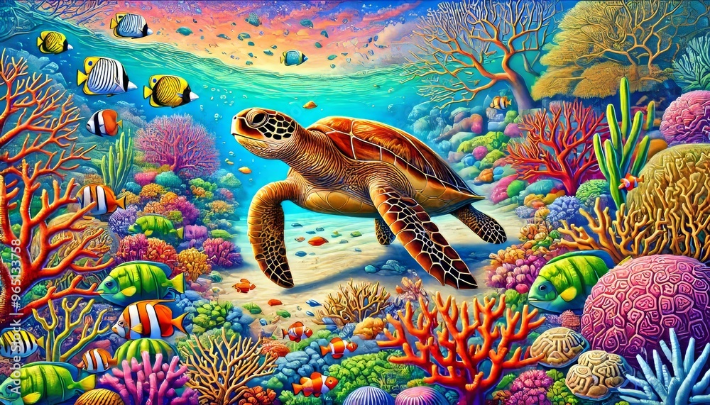 A vibrant and detailed illustration of a turtle swimming near a coral reef. A vibrant and detailed illustration of a turtle swimming near a coral reef.