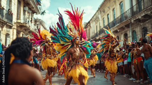 Caribbean Carnival Festival, large crowds in flashy costumes, dancers with large brightly colored wings dancing to the rhythm of drum music, Ai generated images
