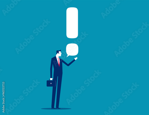 Story telling, speak out loud to draw attention and interest, fact important information or secret, businessman speaking with speech bubble as exclamation point. Caution and alert call concept